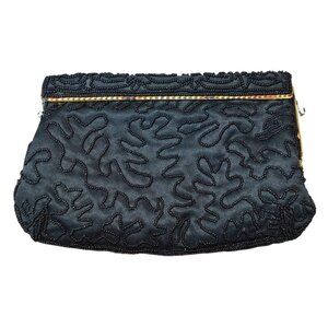 Vintage 50s ADJ Fashion Imports Black Beaded Clutch Evening Bag Womens Classic
